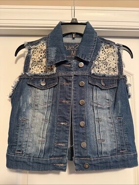 Rue21 Blue Denim Vest with Crochet Shoulder Panels